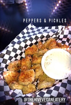 Pickles & Peppers appetizer at the hive vegan eatery in Houston