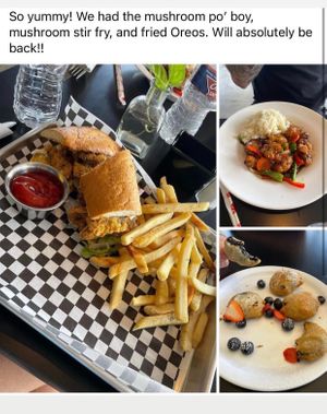 Oyster Mushroom Po’boy and fries, Mushroom Stir Fry and our famous Fried Oreos 💛🐝 at the hive vegan eatery in Houston