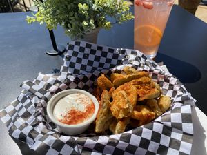 Fried pickles and peppers with ranch  at the hive vegan eatery in Houston