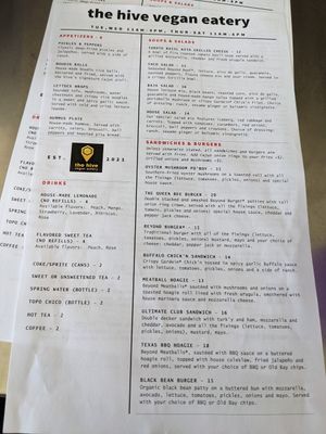 Menu 2 at the hive vegan eatery in Houston