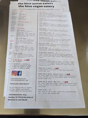 Menu 1 at the hive vegan eatery in Houston