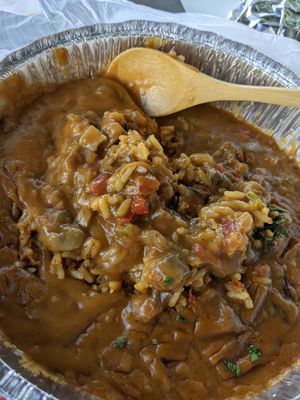 Delicious oyster mushrooms etoufee over a bed of dirty rice. at the hive vegan eatery in Houston
