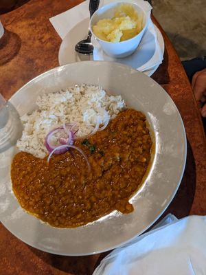 Red lentil curry, rice at the hive vegan eatery in Houston