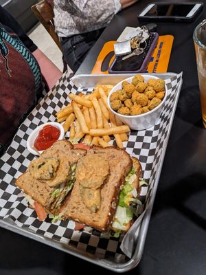 Fried okra, fries, sandwich at the hive vegan eatery in Houston