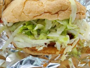 Vegan chickun sandwich with veganaise at Anika's Pizza in Moultonborough