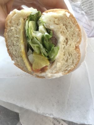 Vegan hoagie with Tofurkey slices, two kinds of cheese, LTOP, Vegenaise, mustard, salt and pepper. Yum!  at Anika's Pizza in Moultonborough