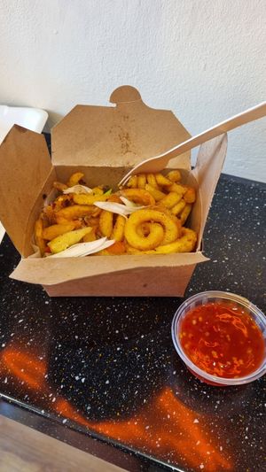 Salt & pepper curly fries at Vegan Sting in Manchester