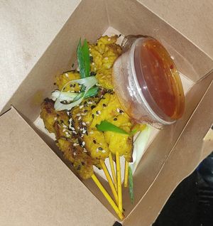 Satay Skewers with Sweet Chili dip. £6.95 at Vegan Sting in Manchester