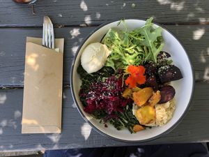 local nourish bowl (vegan, GF) at Piece Of Mind Wholefoods in North Haven