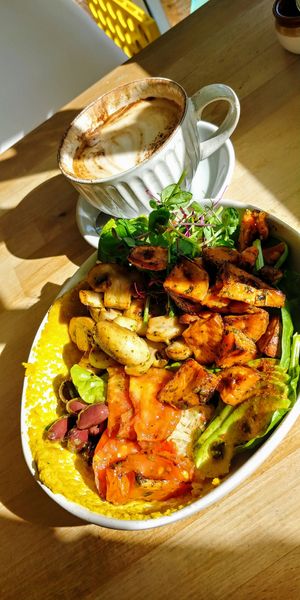 Vegan bowl - very tasty and filling. Coffee is great too. New owners have done an amazing job with the cafe which is welcoming and relaxed. at Piece Of Mind Wholefoods in North Haven