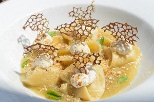 Pear and macadamia cheese ravioli  at Gigi's Plant Based in Pereira