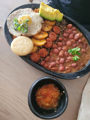 vegan bandeja paisa, the egg is made with rice and butternut at Gigi's Plant Based in Pereira
