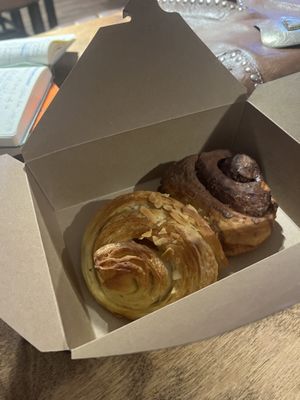 mocha cinnamon roll and almond croissant  at Fika+ in Chester