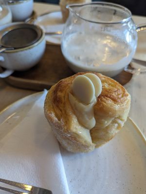 Delicious! Vanilla Cruffin (an amazing invention) and soya chai latte! Definitely vegan heaven and recommended:-) at Fika+ in Chester