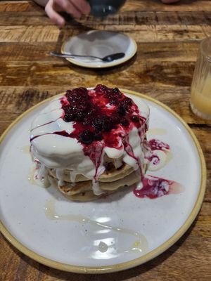 Pancake stack with seasonal fruit at Fika+ in Chester
