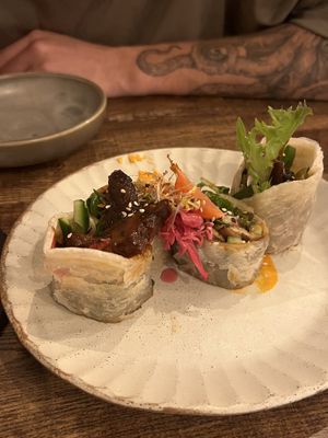 Vegan duck roti wraps   at Monsoon in Launceston
