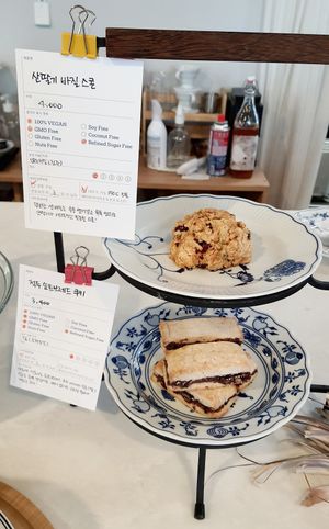 Korean raspberry basil scone, red bean short bread at Wholesome 홀썸 in Seoul