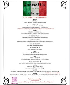 Our menu of Italian classic's at Grandinetti's Powered By Earth Italian Spot in Hollywood