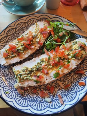 Soft cheese with pistachio pesto on sour dough at The Magic Sunflower in Dronfield