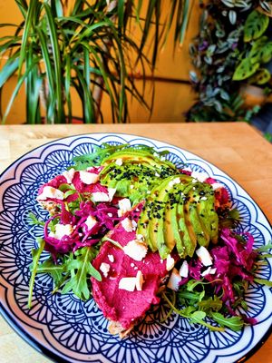 Homemade Beet Hummus Toast at The Magic Sunflower in Dronfield