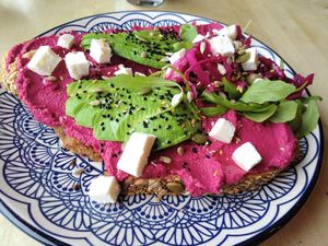 Beetroot hummus and avocado on sourdough toast 💜💚 at The Magic Sunflower in Dronfield