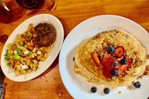 Hash brown potatoes, vegan sausage and the best pancakes ever!  at Cafe Eclectic in Memphis