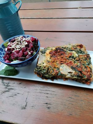 Lasagne with salad at Café Rotkehlchen - Merowingerstraße in Cologne