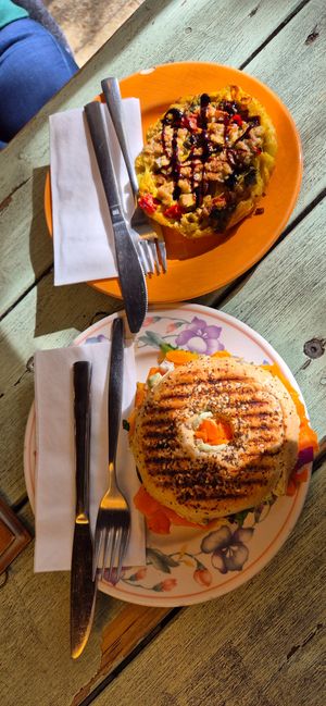 Carrot salmon bagel and quiche with tofu at Café Rotkehlchen - Merowingerstraße in Cologne