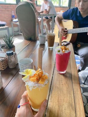 Mango smoothie and red dragon fruit smoothie   at Nora's Cafe in Phu Quoc