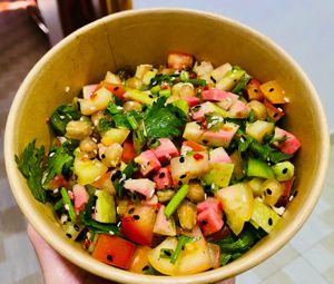 Salad with eggplant, fresh vegetables and pomegranate seeds at Nora's Cafe in Phu Quoc
