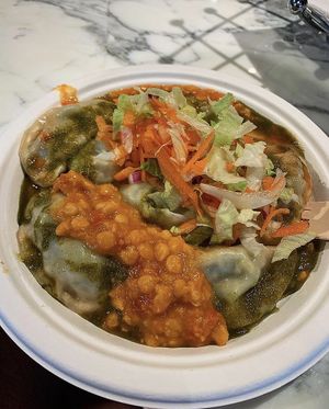 Ashak dumplings with secret green sauce & lentil daal  #Veganuary at 2 Lads Kitchen - Food Stall in North London