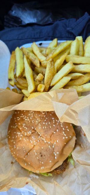 Chicken burger and chips at Plantified Kitchen in Huddersfield