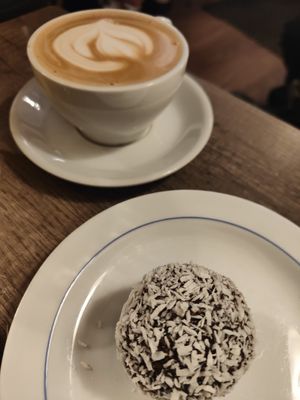 Oat cappuccino and chocolate ball at Cafe Krans in Stockholm