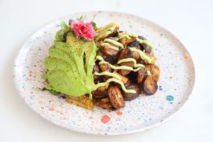 First Roasted Fingerling Potatoes are cooked to perfection in a convection oven. No microwave technology here. The potatoes are cooked with St. Pete Ferments Vegan Kimchi.  at Paradeco Coffee Roasters in St Petersburg