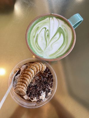 Cacao chaga overnight oats + matcha latte with almond milk  at Paradeco Coffee Roasters in St Petersburg