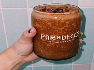 Coco Coffee Smoothie! Banana, Coffee concentrate, Cacao and Cinnamon. Made with coconut milk. Sub oat and almond if you'd like.  at Paradeco Coffee Roasters in St Petersburg