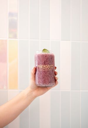 Blue Basil Smoothie. Chia seeds, blueberry, banana and basil. Made with coconut milk. Sub oat and almond if you'd like.  at Paradeco Coffee Roasters in St Petersburg