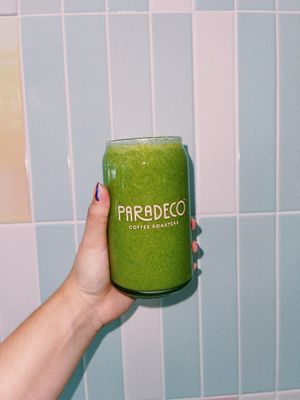 Morning Matcha Smoothie. Japanese ceremonial grade matcha. Dates, banana and kale. 

Made with coconut milk. Sub oat and almond if you'd like.  at Paradeco Coffee Roasters in St Petersburg