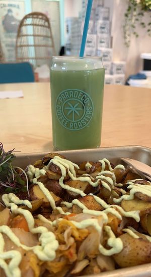 Matcha with oat milk and kimchi potato hash  at Paradeco Coffee Roasters in St Petersburg