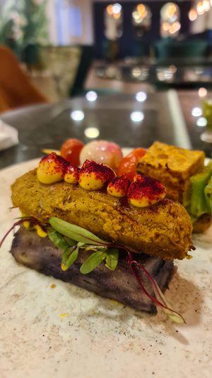 Vegan Chorizo with Potato Stack and a vegetable tofu skewer at Biofilia - Botánica Coffee House in La Paz