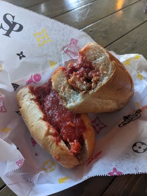 Vegan chicken parmesan sandwich (out of vegan cheese) at Spinelli's Pizza in Louisville