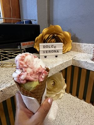 Vegan matcha ice cream and the other I forgot but something witch coconut milk   at Dolce Verona in La Paz