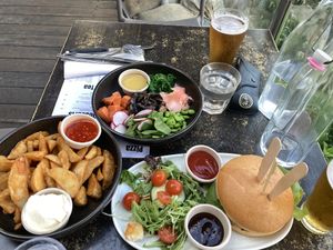 Poke bowl, vegan burger (modified veggie burger) , bowl of wedges  #Veganuary at Huskisson Hotel in Huskisson