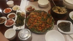 Pancake, Banchan, and the mushroom soup at Eden in Seoul