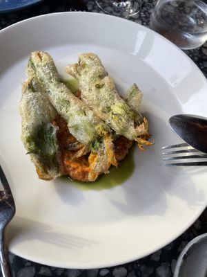 Zucchini flowers with romesco sauce  at Patsy's in Melbourne
