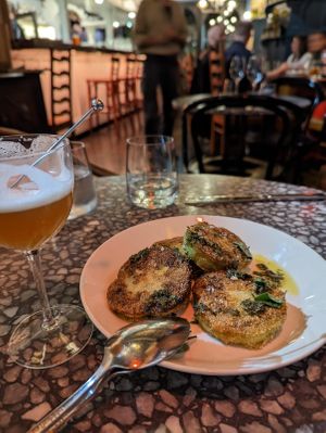 Fried green tomatoes w/salmorigio $12 at Patsy's in Melbourne