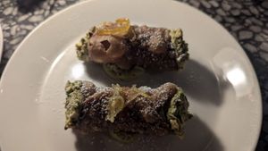 Cannoli pistachio + white choc crema w/candied lemon $21.00: only the pistachio flavour came through at Patsy's in Melbourne