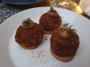 Potato+preserved lemon croquettes w/aioli $16.00: really good, bit of an enjoyable seafood-y taste, but no lemon taste at Patsy's in Melbourne