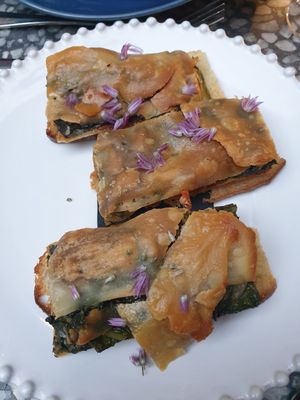 Tartine, olive oil pastry w/swiss chard, bitter leaves +tapenade $16.00: ok at Patsy's in Melbourne