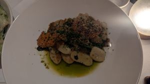 Gnocchi con cime di rapa; almond, salsa calabrese & roasted chilli $34.00: ok, not huge flavours at Patsy's in Melbourne